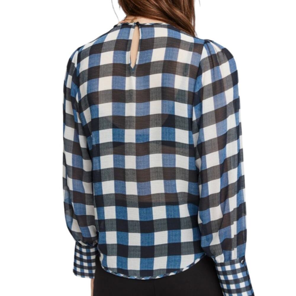 Scotch & Soda Aloha Hula Navy Blue White Sheer Checked Long Blouson Sleeve Top S - Picture 2 of 12